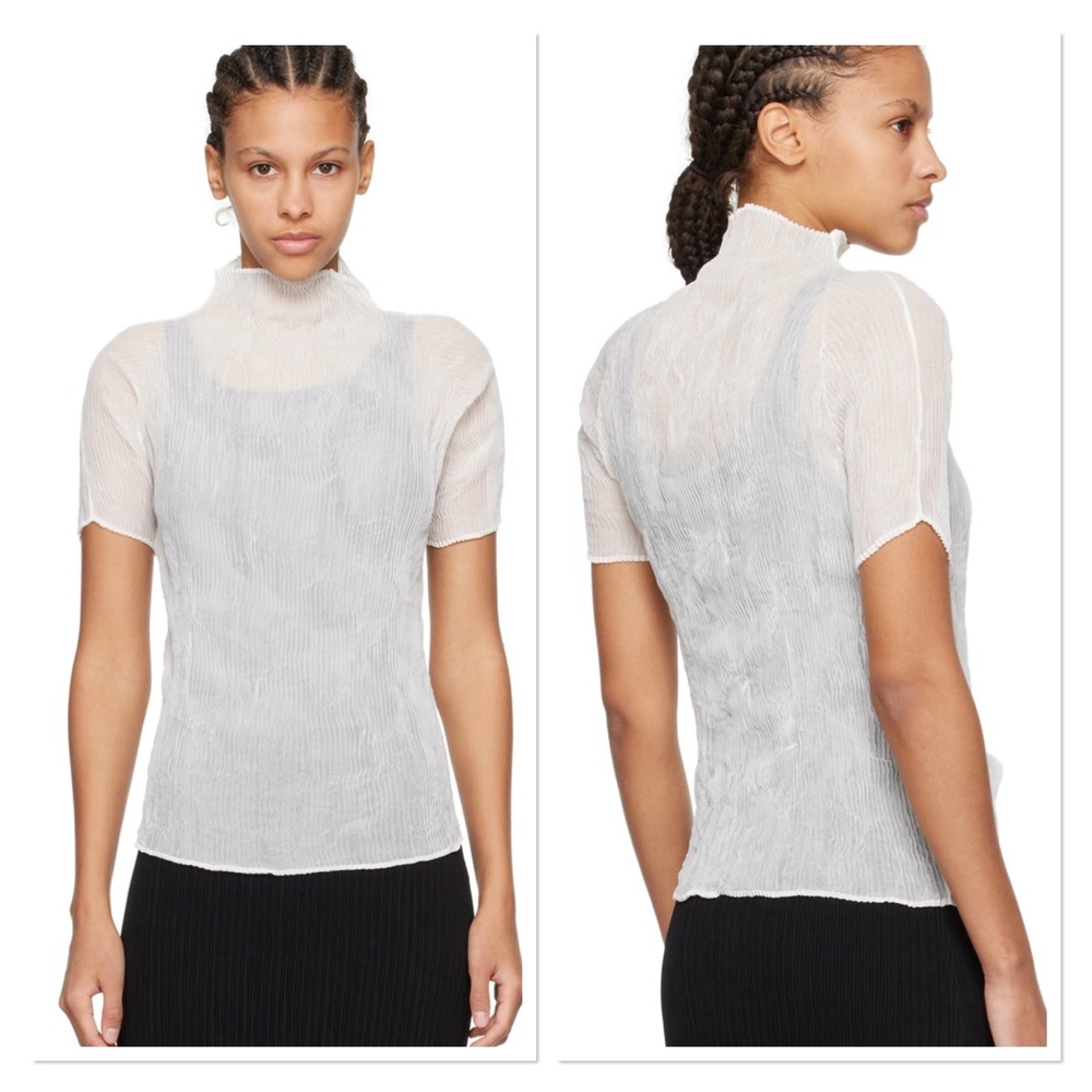 Issey Miyake White Twist Pleated Chiffon Mock Neck Top Short Sleeve Minimalist 2